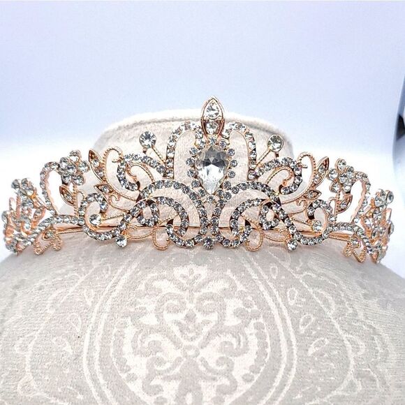 Rose Gold Tiara Bridal Pageant Crown Shiny Rhinestone Princess Birthday - Picture 11 of 12